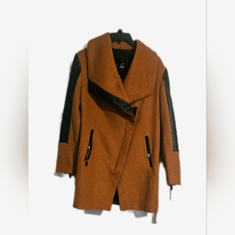 C. Luce camel wool blend faux leather asymmetrical jacket women's size small.